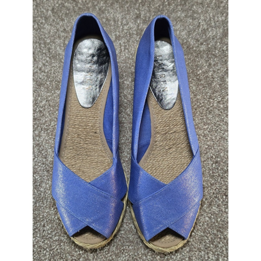 Lauren Ralph Lauren Cecilia BB Espadrille Wedge Heels Blue Linen Peep Toe Sz 12 - Picture 2 of 7